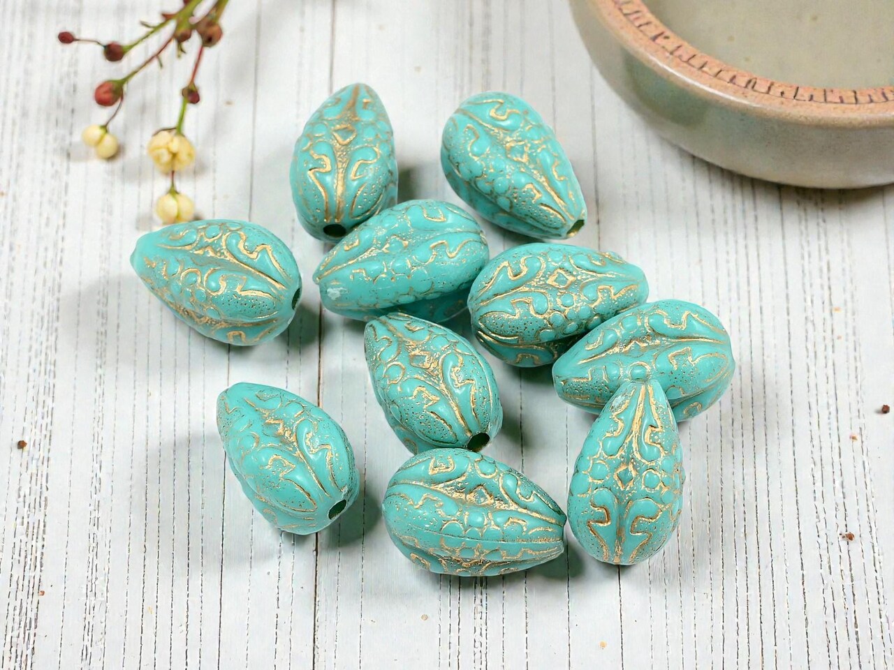 *10* 19x11mm Gold Washed Opaque Turquoise Vintage Style Acrylic Beads
